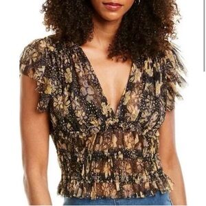 FREE PEOPLE Women Size XS Black Floral Print Making Me Smile Tulle Mesh Crop Top